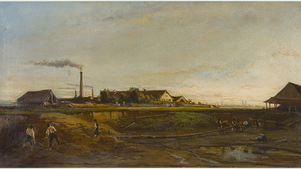 Lehmgrube einer Ziegelei im Münchner Osten (Ölgemälde von Joseph Hahn, 1870); viele italienische Saisonarbeiter, sogenannte „transalpini“, fertigten während der Sommermonate für einen geringen Lohn Ziegel. 